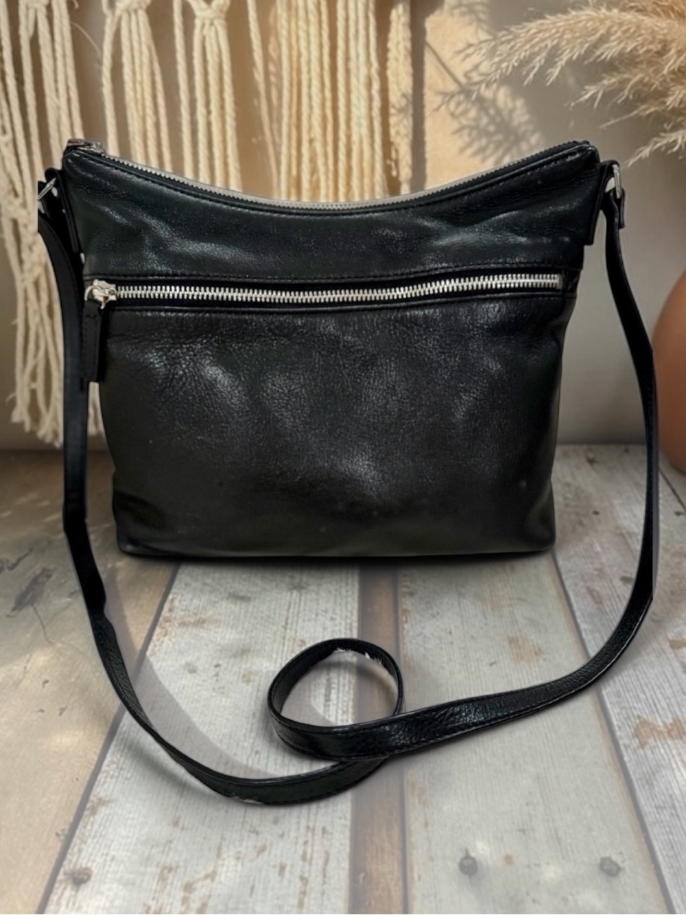 margot New York Black Leather Crossbody Bag with Front Zip